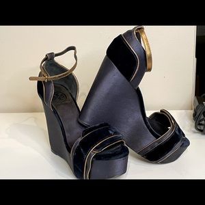 Tory Burch Blue/Gold Velvet & Satin Wedge Sandals